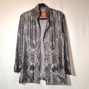 Shanghai Tang Silk Blend Damask Mandarin Collar Frog Closure Jacket Grey 14